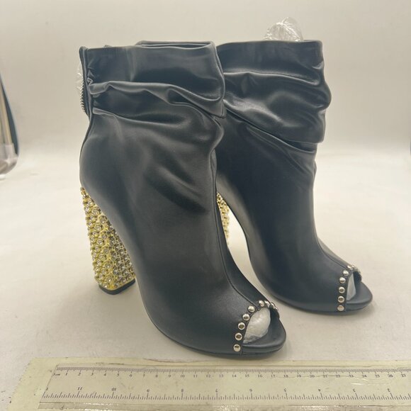 FSJ Black Stylish Peep Toe Slouch Ankle Boots Chunky Stacked Heels Crystal Shoes - Picture 4 of 8